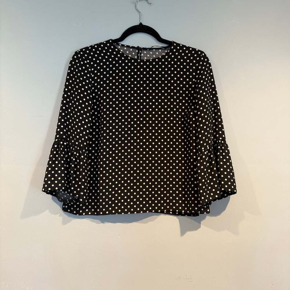 Zara Woman Black White Polka Dot Ruffle Bell Sleeve Blouse Medium